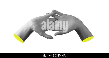 Zwei weibliche Hände mit Fingern, die in anmutiger Geste ineinandergreifen, symbolisieren Verbindung und Interaktion mit kreativer Haltung in moderner minimaler Abstraktion Stockfoto