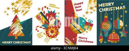 Glückwunschkarten. Plakate für Neujahr- und Weihnachtsfeiertage mit abstrakter Schneeflocke, Baumschmuck, goldener Textur und Eleganz Stock Vektor