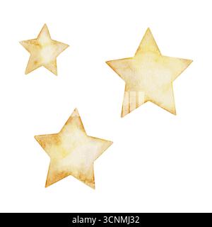 Aquarellset mit einfachen goldenen fünf-spitzen Sternen. Handgezeichnetes Feuerwerk. Festliche Einrichtung, Party- und Festsymbol, gelbe Weihnachten Stockfoto