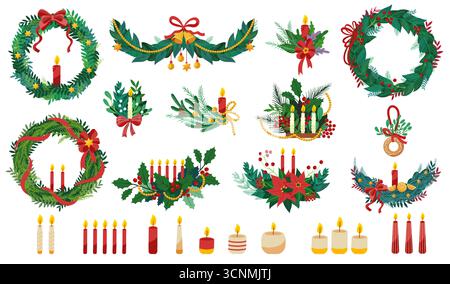Weihnachtskranz und Kerzen. Cartoon Adventskranz mit Kerzenlicht und Weihnachtstannenzweigen mit roter Schleife, Pinienbeeren und roten Beeren, Urlaub Stock Vektor