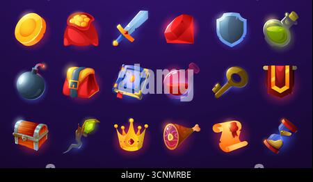 Symbole der Spieloberfläche. Cartoon-GUI-Schaltflächen und -Sprites, 2D-Mobile-Webanwendung Gold, Waffen- und magische Benutzeroberflächenelemente, isolierte Grafik Stock Vektor