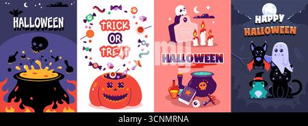 Niedliche Halloween-Karten. Lustige gruselige Charaktere für Einladungsflyer-Poster, kreative Trick- oder Treatment-Party-Grußkarten. Vektor Stock Vektor