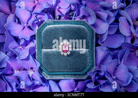 Roter Rubinring mit Diamanten in einer Samtbox Stockfoto