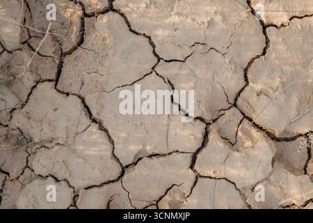 Zerrissene trockene Erde in einer Wüstenlandschaft mit schweren Dürrebedingungen. Polygonale Bodenmuster, Auswirkungen Des Klimawandels, Trockene Umwelt, Erwärmung Stockfoto