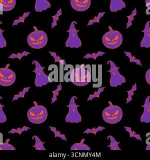 Leuchtendes dunkles Halloween-Muster mit violetten Kürbissen und orangefarbenen Linien. Vektorabbildung Stock Vektor