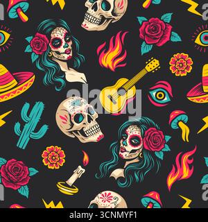 Nahtloses Muster im Day of the Dead Tattoo-Stil. Mischung aus traditioneller Weihnachtskunst und psychedelischen Symbolen. Leuchtende und trippige Farben. Vektorentwurzelemente auf schwarzem Hintergrund verstreut. Stock Vektor