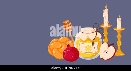 Rosch-Hashanah-Feiertag mit Honigglas, Apfel, Granatapfel, Challah-Brot, Datteln und Kerze auf hellem Hintergrund für jüdisches Neujahrsfest in Stock Vektor