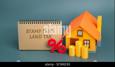 STAMP Duty Landsteuer SDLT Konzept. Steuern, die während der Übertragung von Immobilien zwischen zwei Parteien erhoben werden. Kauf von Wohnungen und Grundstücken. Notizen, Miniatur-Hou Stockfoto