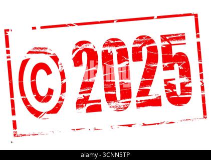 Digitales Composite. Roter Gummistempel - © 2025 Copyright, geistiges Eigentum, urheberrechtlich geschützt, Material, erstellt, Stockfoto