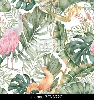 Tropische Vögel Paradies Aquarell nahtloses Muster isoliert weiß. Löffelschnabel, Monstera und Areca Palmblätter in weichem Pastellfarben, handbemalt. Empfindlich Stockfoto