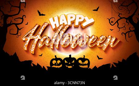 Happy Halloween Typografie Letting Illustration mit niedlichem Kürbis und fliegenden Fledermäusen nahtlosem Muster auf gruseligen Friedhof Hintergrund. Vektorherbst Stock Vektor