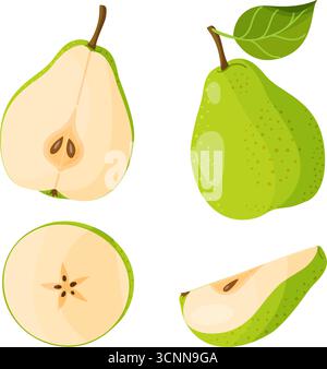 Birnen-Illustrationen Set. Reife, saftige Birne. Ganze, halbierte und in Scheiben geschnittene ​​pears. Handgezeichnetes Essen Clipart, flach, isoliert. Für Grußkarten, Aufkleber, T-Shirts, Becher, Poster. Vektorabbildung Stock Vektor