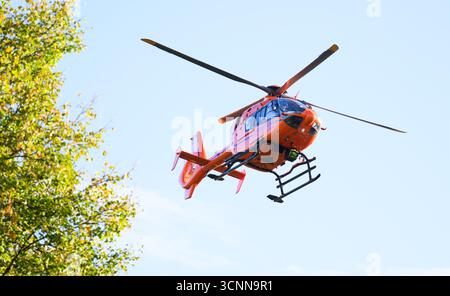 Pattensen, Deutschland. September 2025. Der Luftrettungshubschrauber Christoph 4 startet nach einem Verkehrsunfall am Unfallort auf der Bundesstraße B3 im Raum Hannover. Der Hubschrauber ist an der Medizinischen Hochschule Hannover (MHH) stationiert und zählt zu den einsatzfähigsten Rettungshubschraubern Deutschlands. Quelle: Julian Stratenschulte/dpa/Alamy Live News Stockfoto