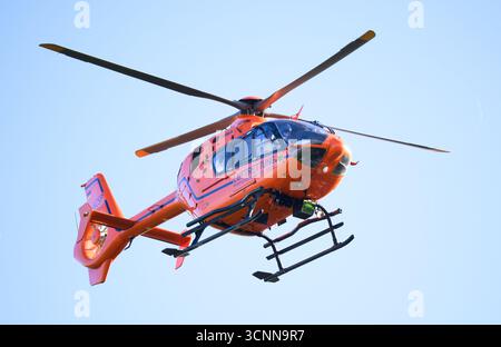 Pattensen, Deutschland. September 2025. Der Luftrettungshubschrauber Christoph 4 startet nach einem Verkehrsunfall am Unfallort auf der Bundesstraße B3 im Raum Hannover. Der Hubschrauber ist an der Medizinischen Hochschule Hannover (MHH) stationiert und zählt zu den einsatzfähigsten Rettungshubschraubern Deutschlands. Quelle: Julian Stratenschulte/dpa/Alamy Live News Stockfoto
