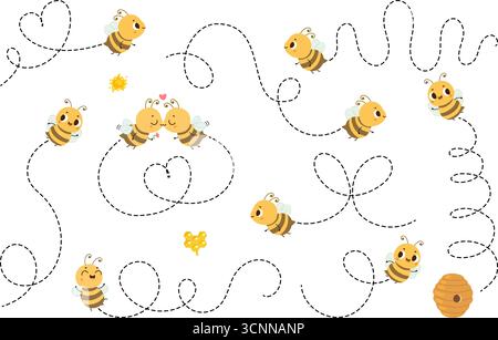 Fliegende Biene mit Pfad. Gepunktete Routen in verschiedenen Formen mit niedlichen Karikaturbienen. Fliegen Sie die Route oder den Weg zum Bienenstock. Verschiedene Flugwege, heute Vektorset ori Stock Vektor