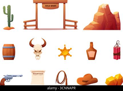 Karikaturgrafik des Wilden Westens. Isolierte Cowboywerkzeuge, Wüstenpflanzen und Steine, Holztore. Sheriff Star, dynamit, Whiskey Flasche, sapid Vektor Elemente Stock Vektor