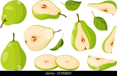 Birnen-Illustrationen Set. Reife, saftige Birne. Ganze, halbierte und in Scheiben geschnittene ​​pears. Handgezeichnetes Essen Clipart, flach, isoliert. Für Grußkarten, Aufkleber, T-Shirts, Becher, Poster. Vektorabbildung Stock Vektor