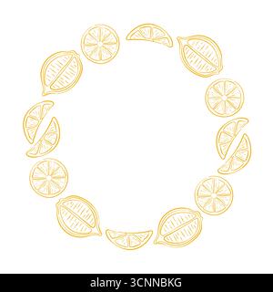 Kreisförmiger Rahmen aus Zitronenscheiben im Linienart-Stil auf weißem Hintergrund mit leerem Mittelraum für Text oder Design. Stock Vektor