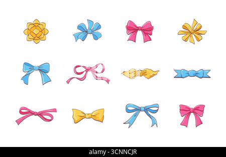 Stilvolle, farbenfrohe, handgezeichnete Coquette-Schleifen Stock Vektor