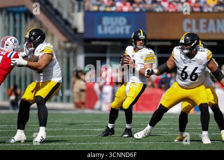 Foxborough, MA, USA. September 2025. MA, USA; Pittsburgh Steelers Quarterback Aaron Rodgers (8) schmeißt den Ball während des NFL-Spiels zwischen Pittsburgh Steelers und New England Patriots im Gillette Stadium in Foxborough, MA. Quelle: csm/Alamy Live News Stockfoto