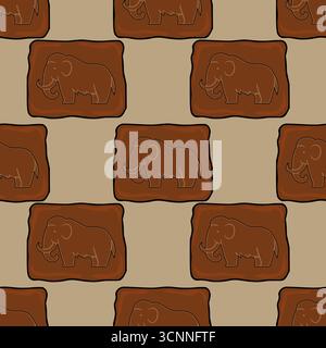 Nahtloses Vektormuster mit stilisierten Mammut-Illustrationen auf braunen, steinähnlichen Fliesen, die ein prähistorisches Design schaffen, das perfekt für Textilien geeignet ist Stock Vektor