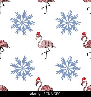 Nahtloses Vektormuster mit rosafarbenen Flamingos in Santa-Hüten und stilisierten Schneeflocken auf weißem Hintergrund, wodurch ein einzigartiges tropisches Weihnachtsfest entsteht Stock Vektor