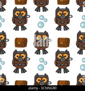 Nahtloses Vektormuster mit niedlichen Tauchereulen und Schatzkisten, die eine verspielte Unterwasser-Abenteuerszene mit hellblauer Blase schaffen Stock Vektor