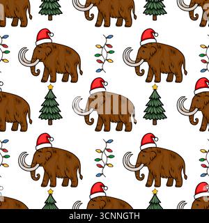 Nahtloses Vektor-Weihnachtsmuster mit Wollmammuts in Weihnachtsmützen, festlichen Weihnachtsbäumen und bunten Lichtern, die ein verspieltes und Stock Vektor