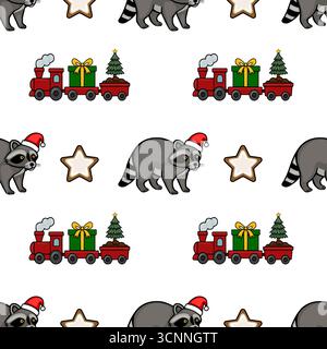 Nahtloses Vektor-Weihnachtsmuster mit entzückenden Waschbären in Weihnachtsmützen, Spielzeugzügen mit Geschenken und Weihnachtsbäumen und sternförmigen Keksen, c Stock Vektor