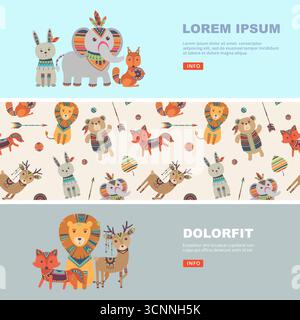 Wilde Tiere. Dekorierte Stammestiere auf Bannern Vorlagen Original-Kunstwerke Stock Vektor