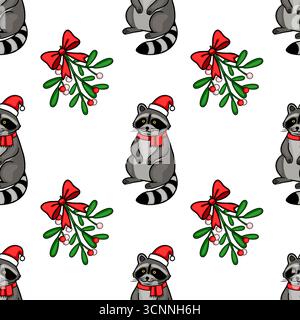 Festliches nahtloses Vektormuster: Entzückender Waschbär in Weihnachtsmütze und Mistelzweig mit roten Schleifen für Weihnachten und Winterfeiertage Designs Stock Vektor