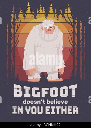 Bigfoot-Poster. Retro-Plakat mit niedlichem originalem Fantasy-Großtier-Kunstwerk Stock Vektor