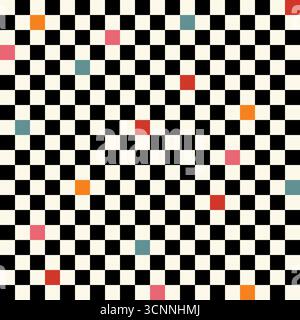 Hypnotischer geometrischer Hintergrund mit Schachbrettmuster. Schwarz-weiße Quadrate mit Farbakzenten, die einen auffälligen optischen Illusionseffekt erzeugen, modernes G Stock Vektor