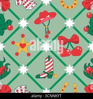 Nahtloses Cowgirl-Weihnachtsmuster. Cowboy-Western-Thema, Stiefel, Kakteen wie Weihnachten drei, Hut, Herz im roten und grünen Weihnachtsstil. Handgezeichneter Vektordruck für Geschenkpapier, Neujahrsparty. Stock Vektor