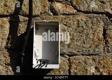 Ein leerer und beschädigter Abzweigkasten, das Konzept einer Vernachlässigung Stockfoto