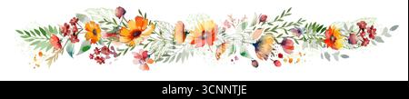 Eine schöne handgezeichnete Farbvektor-Illustration. Ein langes Blumenbanner, eine Girlande, gelbe Blumen, grüne Zweige und Blätter. Rahmen für Feder und Stock Vektor