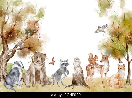 Aquarellvorlage mit Waldtieren einschließlich Bären, Waschbären, Hirschen, Kaninchen, Eichhörnchen, fuchs und Vögel im Herbstwald. Illustration einer Waldszene für kindlichen Hintergrund oder Kinderzimmer-Tapete. Stockfoto