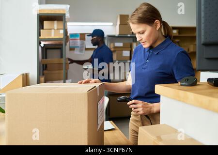 Kaukasische junge Erwachsene Frau, die Paket mit Barcode-Leser an der Versandtheke scannt, während schwarzer junger Erwachsener im Hintergrund arbeitet, um Pakete in Regalen im Lager zu organisieren Stockfoto