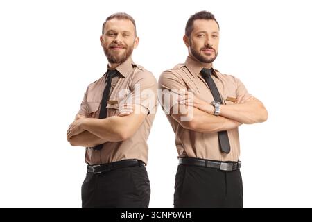 Sicherheitsleute posieren mit gekreuzten Armen isoliert auf weißem Hintergrund Stockfoto