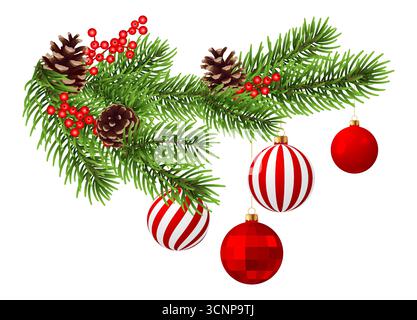 Weihnachtsbaumzweig mit roten hängenden Kugeln isoliert Stock Vektor