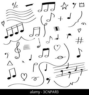 Musik Notizen Hand gezeichnet Kritzelvektor Illustration Set. Melodiebildelemente freihändig skizzieren. . Stock Vektor