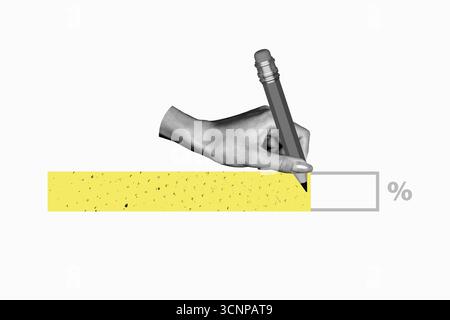 Composite Artwork 3D Fotocollage Trendvorlage der Hand halten Bleistift Schreibzeile Laden Online Bar Sign Technologie Prozent Copyspace Stockfoto