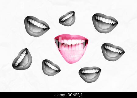 Sketch Composite 3D Foto Collage Trend Artwork von Set viele Mund Grimace Zähne Tungue Mund sprechen Rede Gerücht kreatives Psychedelic Stockfoto