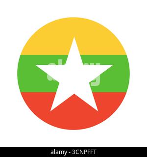 Symbol der Flagge von Myanmar. Runde Nationalflagge von Myanmar Hintergrund. Kreisflagge von Myanmar. Einfacher Knopf, Abzeichen Flagge Myanmar. Stock Vektor