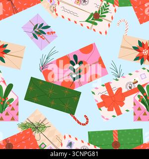 Weihnachten umhüllt nahtloses Muster. Dekorative weihnachtsbriefe für Weihnachtsmann, Kinder oder Freunde. Winterferien-Print für Stoff oder Verpackung, Vektor Stock Vektor