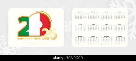 Horizontaler Taschenkalender 2026 in italienischer Sprache. Neujahrssymbol 2026 mit Flagge Italiens. Vektorkalender. Stock Vektor