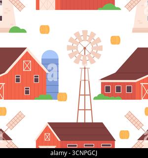 Ländliche Bauernhäuser nahtloses Muster. Mühle, rote Scheune, Windmühle. Dekorativer Landwirtschaftsdruck für Stoff, Textil-Hintergrund, Vektorrückseite Stock Vektor