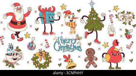 Groovige Weihnachtsaufkleber. Weihnachtsmann Weihnachtsbäume lustige Retro-Charaktere, Vintage y2k Design Icon Geschenk Winterurlaub Happy New year Coole 80er Jahre Cartoon Stock Vektor