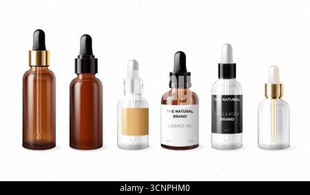Tropfer für Kosmetik. Realistische Tropfer mit Pipette, Braunglasflaschen Serum Hautpflege oder Augentropfen Medizin Öl Apotheke Kosmetik Produkt Mockup, 3D Stock Vektor