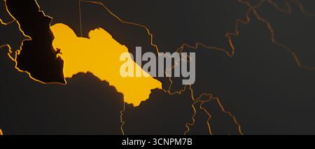 Goldene Turkmenistan 3D-Karte umgeben von anderen Ländern in Schwarz mit goldenen Grenzen und flachem dof. Politische Karte Asiens mit Grenzen Stockfoto
